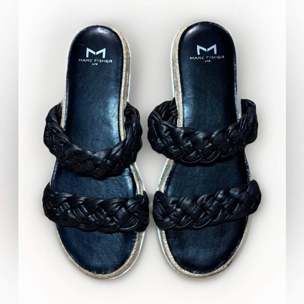 Black Braided Leather Marc Fisher Chunky Platform Sandals Women's Shoes Size 7.5